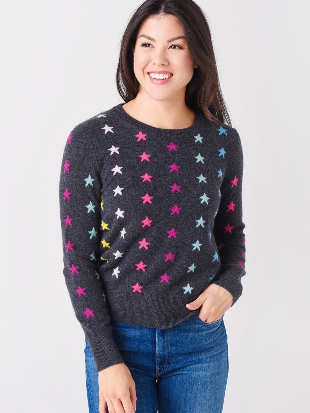 White + Warren Cashmere Mini Star Intarsia Crewneck Sweater Ribbed Trim Grey